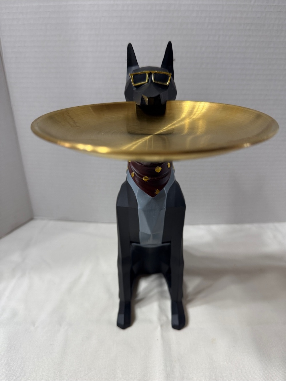 Decorative Black Doberman Dog Butler Sculpture Figurine with Gold Tone Tray